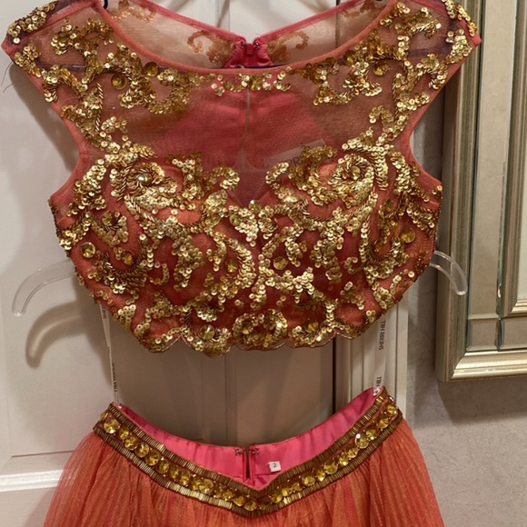 SHERRI HILL 45112 SZ 2 CORAL GOLD 2 PC SKIRT CROP COCKTAIL HOMECOMEING DRESS - Picture 7 of 13